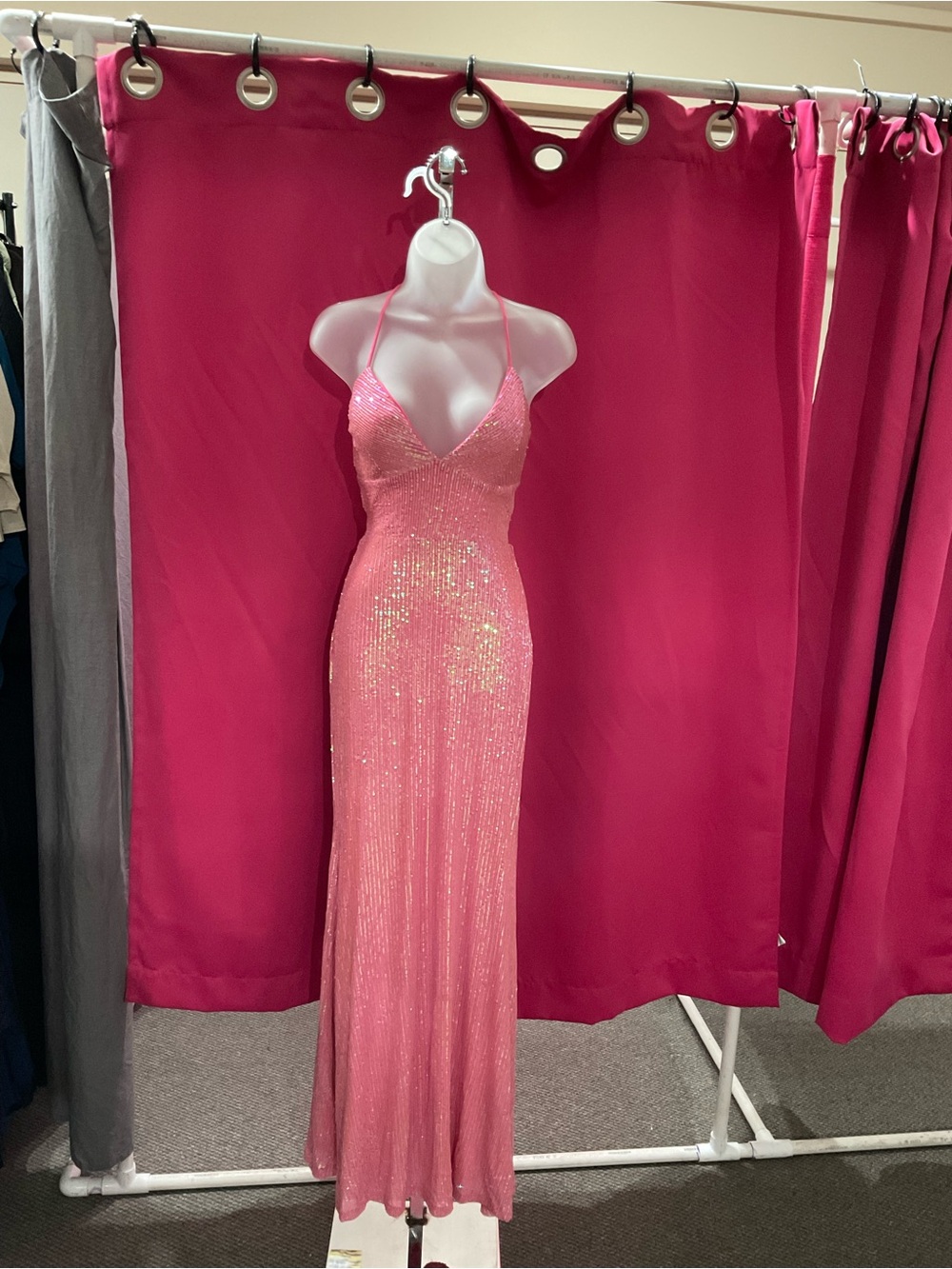 Pink Sequin Halter Prom Dress